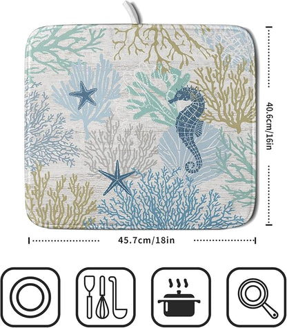 Blue Coral Dish Drying Mat Coastal Starfish Dishes Pad Hanging Drainer Mats