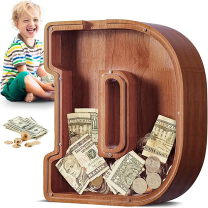 Summidate Large Wooden Piggy Bank for Kids Adults, Alphabets Letter A-Z Piggy Bank for Boys Girls, Coins Bills Change Bank Box Personalized Initial Name Kids Money Bank for Birthday Present and Decor