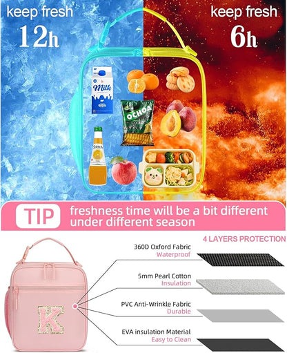 Initial Insulated Lunch Bag for Girls Kids, Back to School Gift, Reusable Leak-proof Lunch Box with Adjustable Strap for School Daycare Travel Picnic (Pink,K)