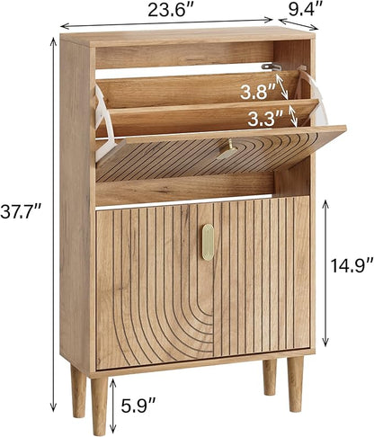 Smuxee Shoe Cabinet with 2 Flip Drawers, 23.6" Oak Hidden Shoe Storage Cabinet