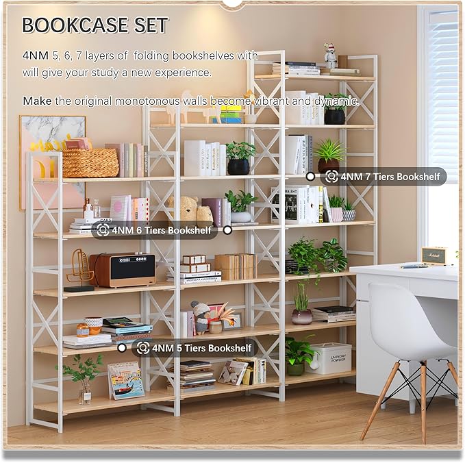 4NM 7 Tiers No Assembly Book Shelves, 72.4" H Folding Bookshelf Bookcase Open