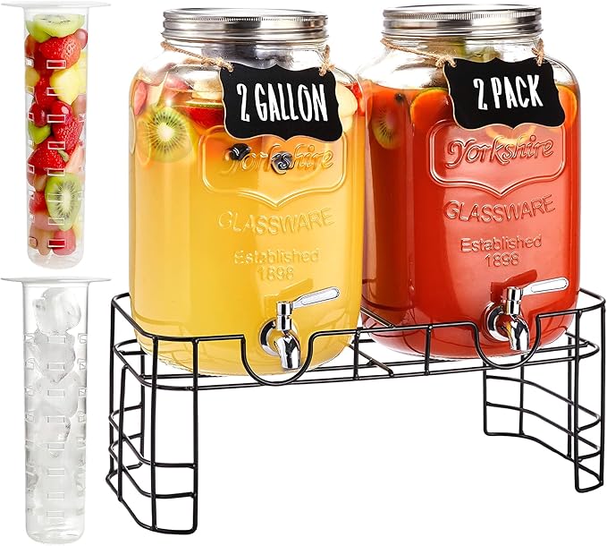2 Gallon Large Glass Drink Dispenser Set, 2 Pack Beverage Dispensers