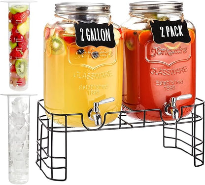 2 Gallon Large Glass Drink Dispenser Set, 2 Pack Beverage Dispensers