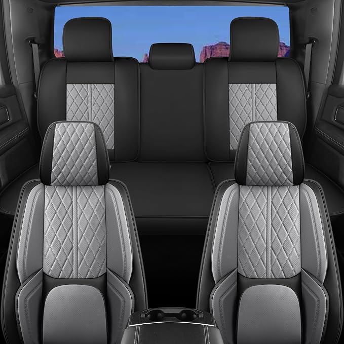 Custom Fit Chevy Silverado GMC Sierra 1500 2007-2026 2500/3500 HD Crew Cab Full Set Car Seat Covers - 5 Pack, Premium Faux Leather Truck Seat Protector with Airbag Compatible Design, BlackGrey
