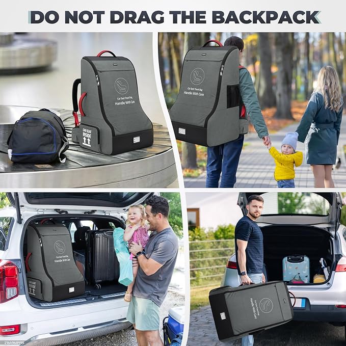 RAINSMORE Padded Car Seat Travel Bag for Airplane Heavy Duty Car Seat Backpack for Air Travel Baby Carseat Cover Bags for Airport Large Car Seats Carrier Fits Car Seats & Booster Seats,Gray
