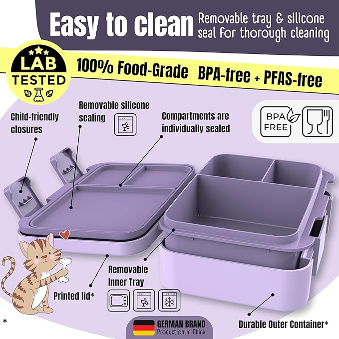 BEARFOOT Kids Lunch Box with Compartments – Compact & Lightweight | Leak-Proof, BPA-Free, Dishwasher & Microwave Safe | Hand-Drawn Design for Preschool, School, Travel (Sticker Purple, 2.75 Cups)