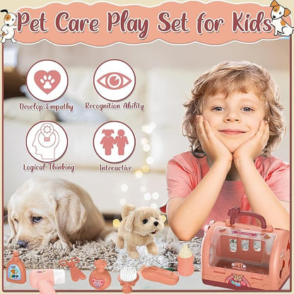 TEUVO Pet Care Play Set Robot Dog Toys for Kids 12Pcs Puppy Dog Toy Pet Walk Grooming Vet Toys Set with Interactive Electric Dog Plush & Cage Pretend Play Gifts for Girls Toddlers 3 4 5 6 7 8 Year Old
