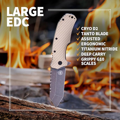 Off-Grid Knives - Rapid Fire Viper, Assisted Tanto Blade, Hard Use Build, Tactical, Camping & Survival EDC, Cryo D2 Steel, Graywash, Coyote G10 Scales, Deep Pocket Carry (Coyote)