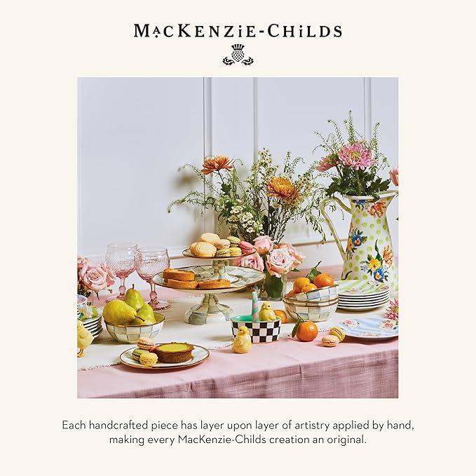 MACKENZIE-CHILDS Enamel Pedestal Platter, Round Cake Stand, Small, Gray-and-White Sterling Check