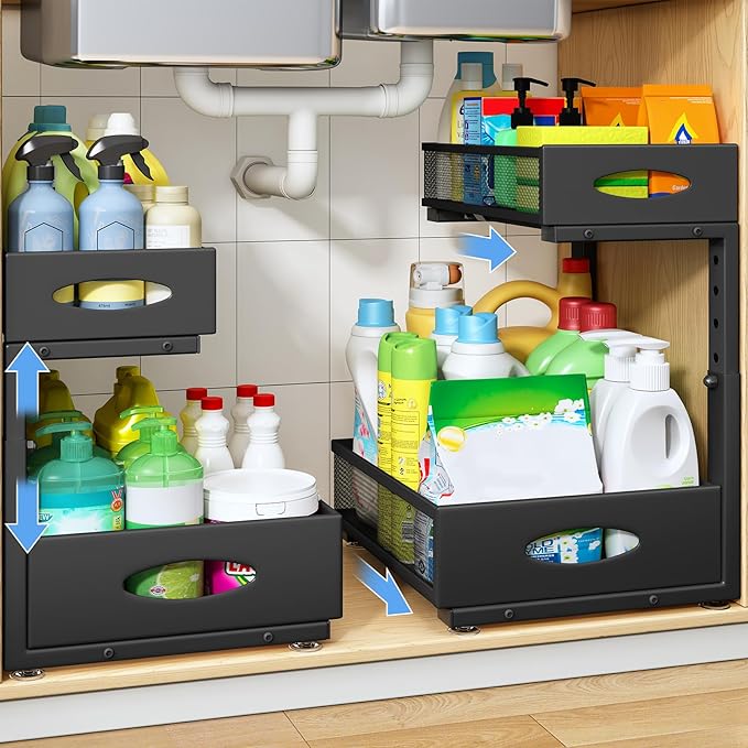 Under Sink Organizer, 2 Pack 2 Tier Pull Out Under Cabinet Organizer Shelf