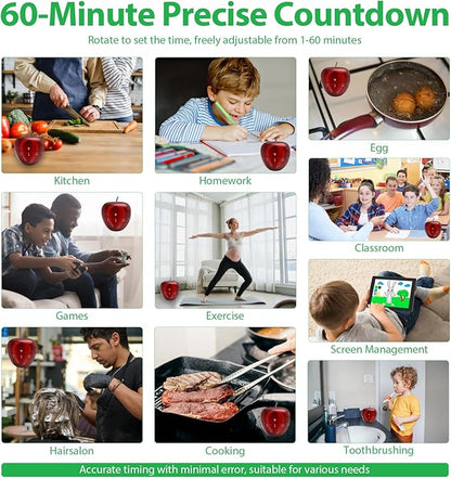 Stainless Steel Apple Kitchen Timer, Mechanical 60-Minute Manual Countdown