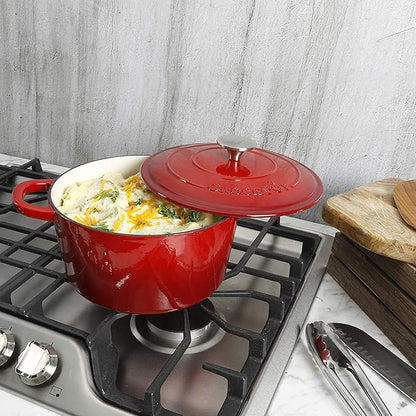 Crock Pot Artisan 5-Quart Round Enameled Cast Iron Dutch Oven – Red, Durable