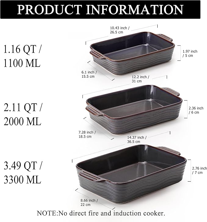 Ceramic Baking Dish Set of 3, Casserole Dishes