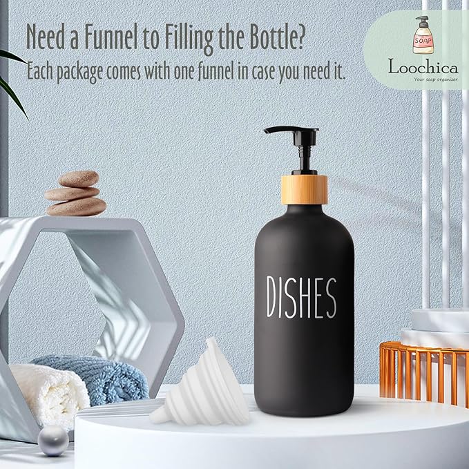 LOOCHICA Black Glass Kitchen Soap Dispenser, Detergent Dispenser or Dish Soap