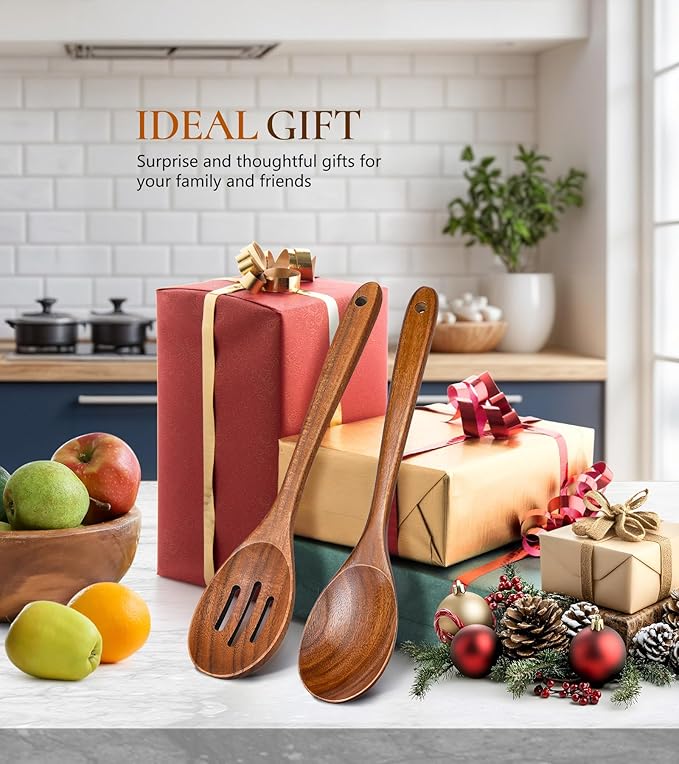 2Pcs Wooden Spoons for Cooking, Natural Premium Teak Wooden Spoon & Slotted