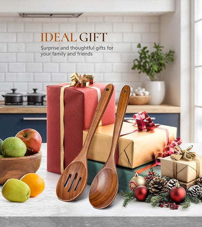 2Pcs Wooden Spoons for Cooking, Natural Premium Teak Wooden Spoon & Slotted