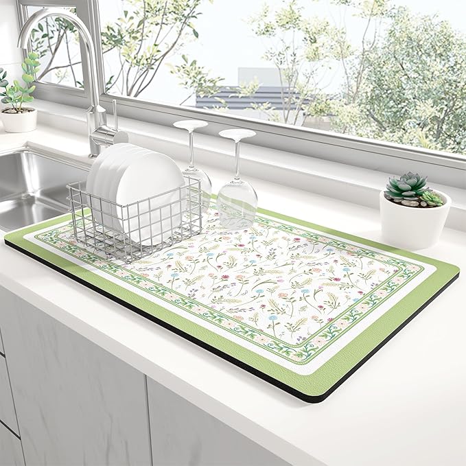 Rnivvi Dish Drying Mat for Kitchen Counter, XL 15 x 24" Cute Flower Theme