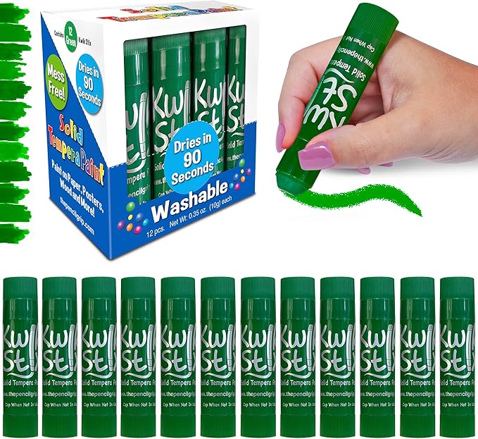 Kwik Stix Solid Tempera Paint Sticks – 12 Pack of Green – Same Color Washable, Quick Dry (90 Seconds), ASTM Certified, Non-Toxic, Allergen-Free Kids & Toddler Art Supplies for Home, School & Crafts