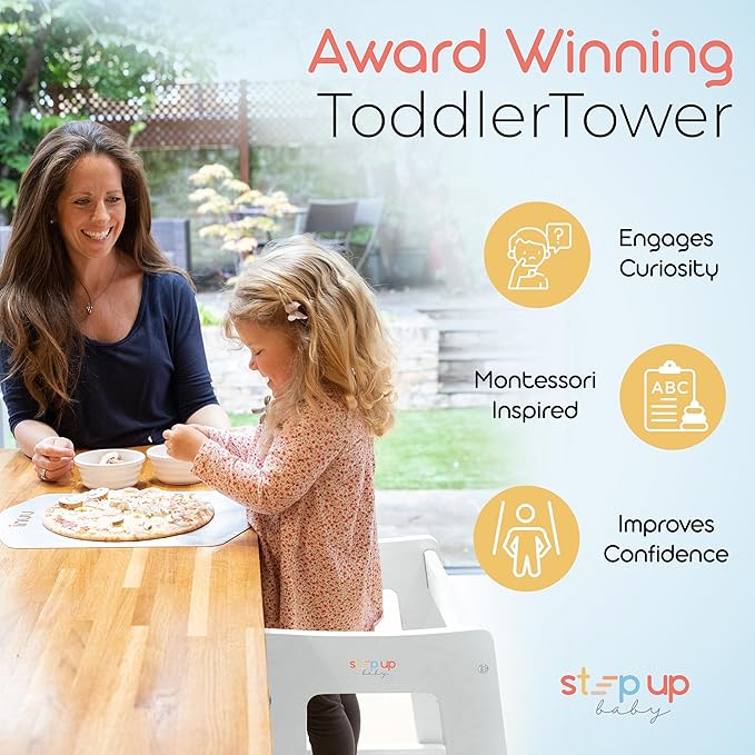 Stepup Baby Toddler Step Stool - Adjustable Height Kids Helper Step Stool, Durable, Non-Slip & Bathroom Sink, Platform for Kitchen, Toddler Tower for Exploration and Growth - White
