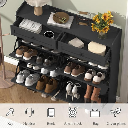 Shoe Cabinet with 4 Flip Drawers & 2 Storage Drawers, Rustic Farmhouse Narrow