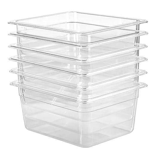 Half Size Food Containers 6 Pack 6 Inch Deep Hotel Pan Clear BPA free Polycarbonate Stackable Food Storage Container for Kitchen Business and Food Serving