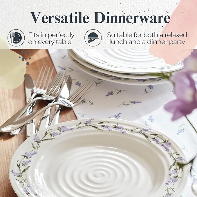 Portmeirion Sophie Conran Lavandula 11" Dinner Plate, Set of 4, Lavender Floral Pattern in Soft Purple-Green - Porcelain Plates for Garden Brunches, Spring Dinners, Weddings & Seasonal Entertaining
