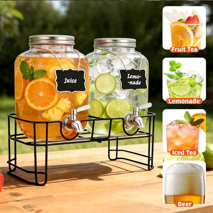 1 Gallon Glass Beverage Dispenser, 2 Pack Glass Drink Dispensers