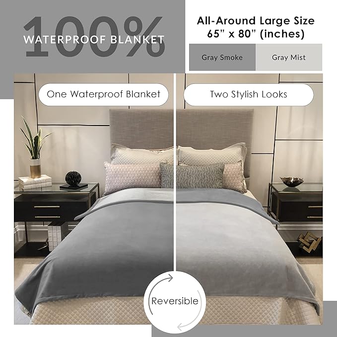 Waterproof Blanket | Machine Washable Dog Bed Cover | Water Proof Blanket to Protect Your Bed Couch Car from Leaks Spills & Accidents | for Adults Dogs & Pets | Oversized Queen Fit - 65x80in (Gray)