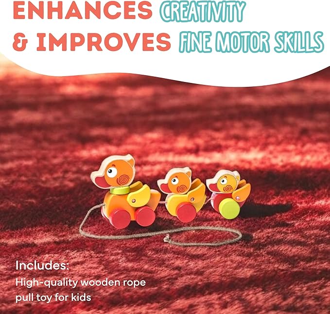 Cubika Wooden Walk Along Ducks – Pull Toys for Toddlers Ages 1-3 – Montessori Inspired, FSC-Certified Wood, German Water-Based Paint – Travel-Friendly Wooden Toy for Boys and Girls