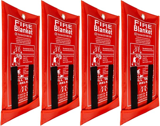 FLASLD 4 Pack Fire Blanket for Home and Kitchen, 40x40 Inch Fiberglass Fire Blankets Emergency for People, Fire Suppression Blankets for School Fireplace Grill Car Office Garage Welding Warehouse