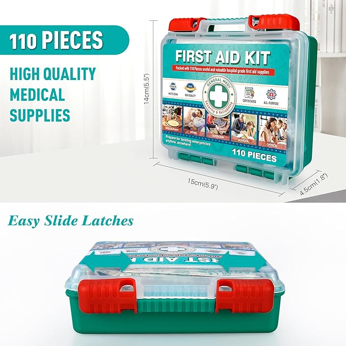 General Medi 110 Pieces Small First Aid Kit - HardCase First Aid Box - Contains Premium Medical Supplies for Travel, Home, Office, Vehicle, Camping, Workplace & Outdoor