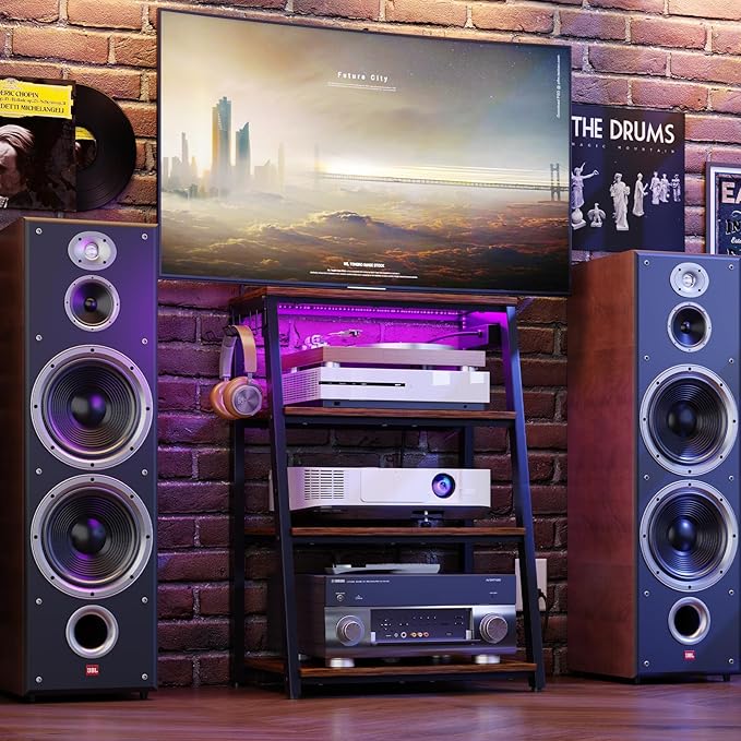 4-Tier AV Media Stand with Power Strips, Heavy Duty Stereo Cabinet Stand with