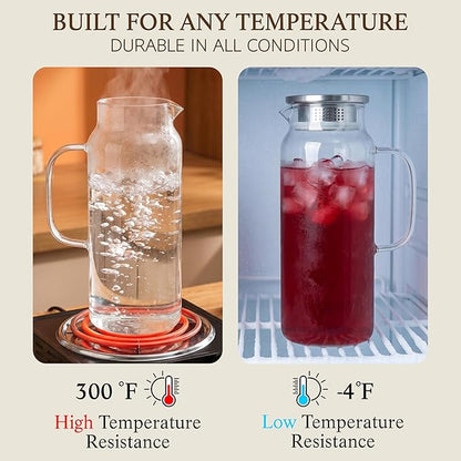 2 Pack Glass Pitcher with Lid and Handle, 68oz 2 Liter Borosilicate Glass Water