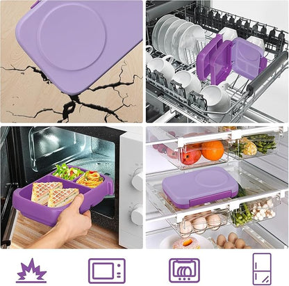 Bento Box for Kids,Kids Bento Lunch Box with Built-in Ice Pack for School,3 Compartments Leak Proof Lunch Container with Utensils for Girl Boy;BPA Free,Microwave & Dishwasher Safe, 44oz(Purple)