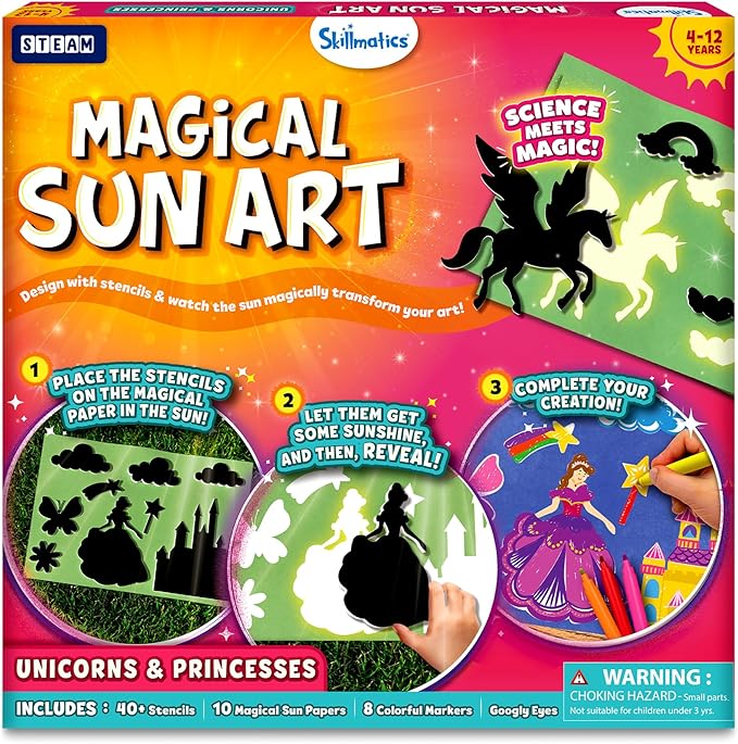 Skillmatics Sun Paper Art Kit - STEM Craft Kit for Kids with Decorative Paper, Stencils & Markers, Unicorn & Princess Designs, Mess-Free Indoor Fun, Gifts for Girls Ages 4, 5, 6, 7, 8, 9, 10, 11, 12