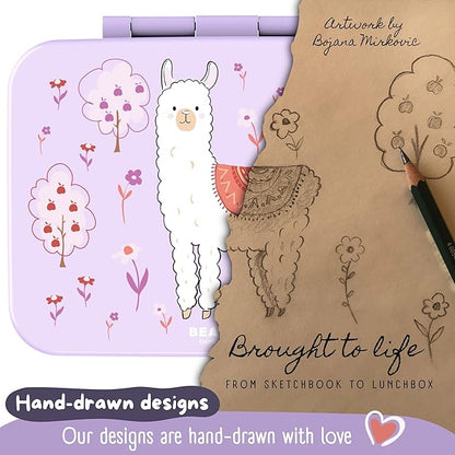BEARFOOT Kids Lunch Box with Compartments – Compact & Lightweight | Leak-Proof, BPA-Free, Dishwasher & Microwave Safe | Hand-Drawn Design for Preschool, School, Travel (Llama Purple, 2.75 Cups)