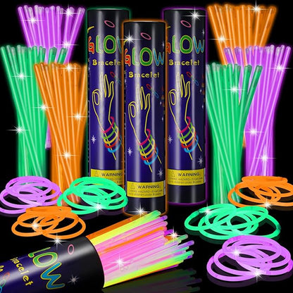Hanaive 300 Pcs Glow Sticks Bulk 8 Inch Glow in The Dark Party Favors Neon Bracelets and Necklaces Light up Sticks with Connectors for Holiday Birthday Party Supplies(Orange, Green, Purple)