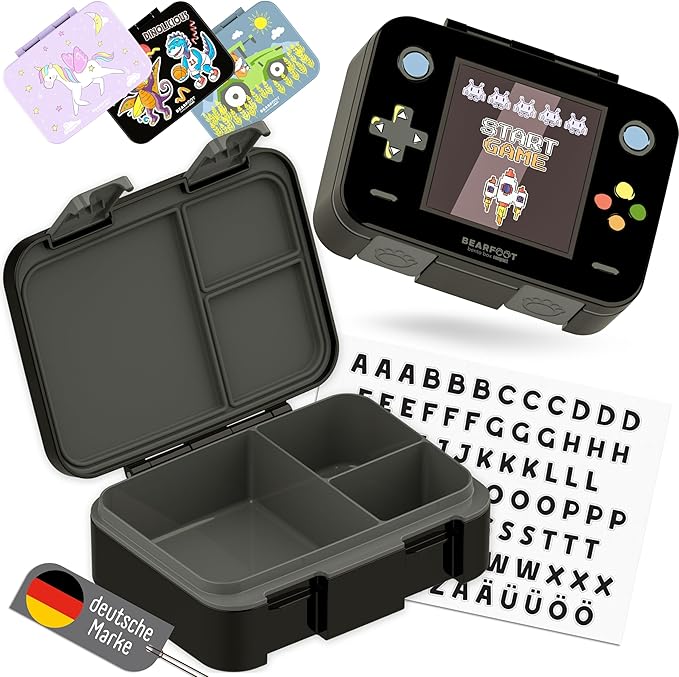 BEARFOOT Kids Lunch Box with Compartments – Compact & Lightweight | Leak-Proof, BPA-Free, Dishwasher & Microwave Safe | Hand-Drawn Design for Preschool, School, Travel (Game Black, 2.75 Cups)