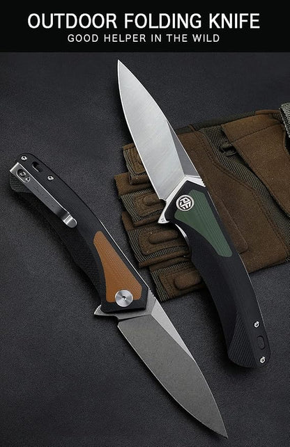 Petrified fish PF838 3.74" D2 steel folding knife outdoor tactical pocket knives G10 handle camping hunting Cutter EDC tool (Green, satin)