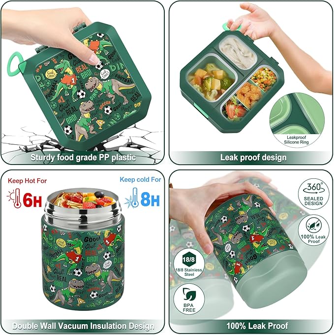 Bento Lunch Box for Kids with 12oz Soup Thermo Leak-Proof Lunch Food Container with 5 Compartment Thermo Hot Food Jar and Insulated Lunch Bag for Kid Toddler Girls Boys to School