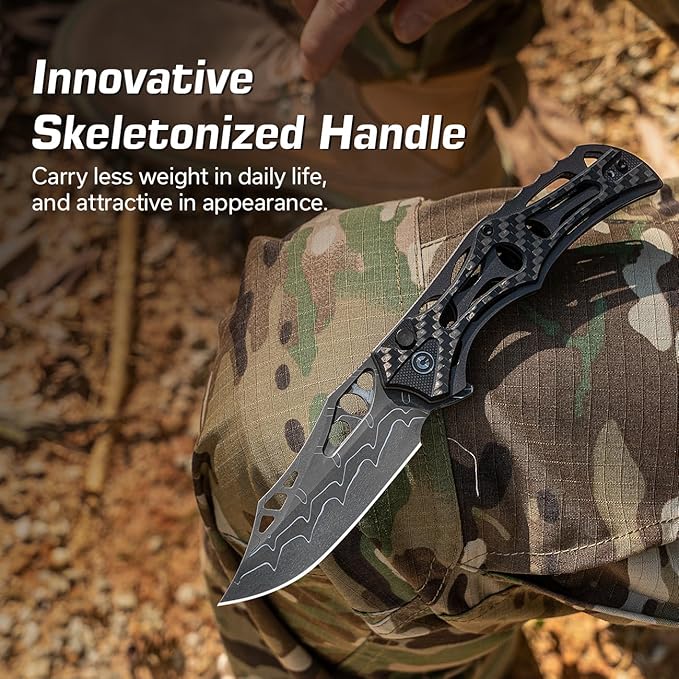 CIVIVI Pocket Knife for Men, Biophase Flipper Tactical Folding Knife, 3.48" Damascus Blade Aluminum with Carbon Fiber G-10 Handle, Lightweight Skeletonized EDC Knife for Camping Hunting, C23083C-DS1