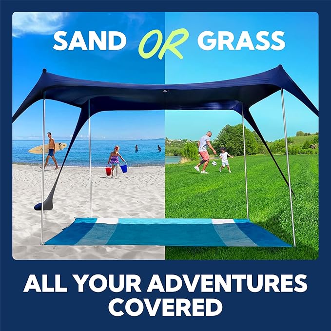 SUN NINJA Beach Tent Sun Shelter UPF50+ - Easy Pop Up Beach Canopy - Outdoor Shade for Camping Trips, Fishing, Backyard Fun Picnics - Sand Shovel, Ground Pegs & Stability Poles