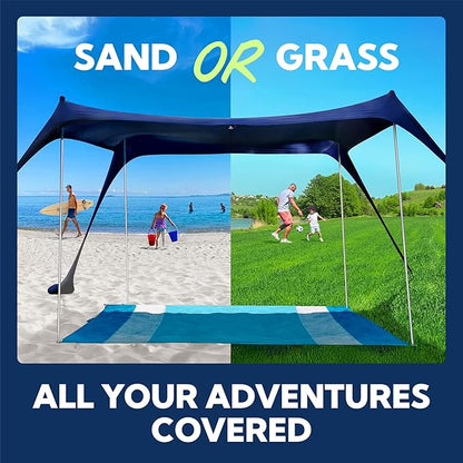 SUN NINJA Beach Tent Sun Shelter UPF50+ - Easy Pop Up Beach Canopy - Outdoor Shade for Camping Trips, Fishing, Backyard Fun Picnics - Sand Shovel, Ground Pegs & Stability Poles