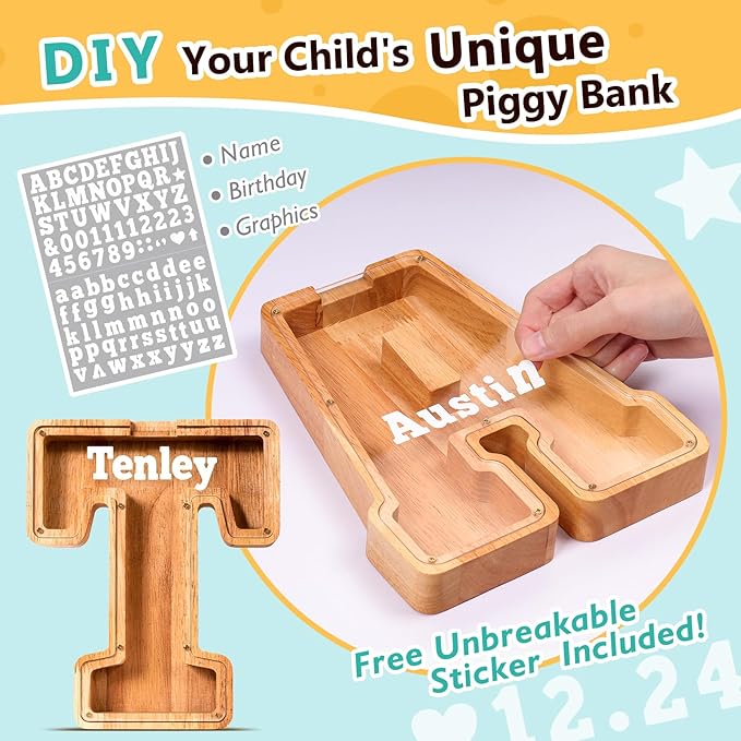 SummiDate Wooden Letter Piggy Bank Piggy Bank for Boys and girls Alphabet Money Bank Thanks Giving Gifts(Initial-T)