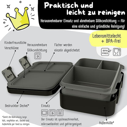 BEARFOOT Kids Lunch Box with Compartments – Compact & Lightweight | Leak-Proof, BPA-Free, Dishwasher & Microwave Safe | Hand-Drawn Design for Preschool, School, Travel (Game Black, 2.75 Cups)