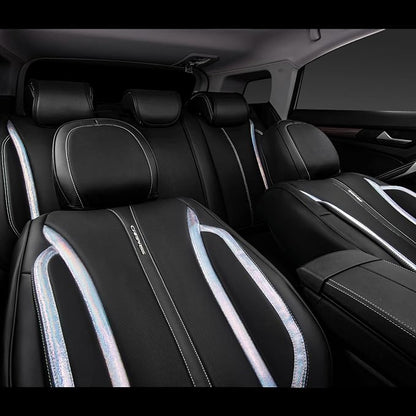 CAR PASS Nappa Leather Seat Covers, Waterproof Durable Universal fit for Women Girly SUV Truck,Anti-Slip Driver Seat Cover with Backrest, full set 5 Holographic Black Silver strips Iridescent colorful