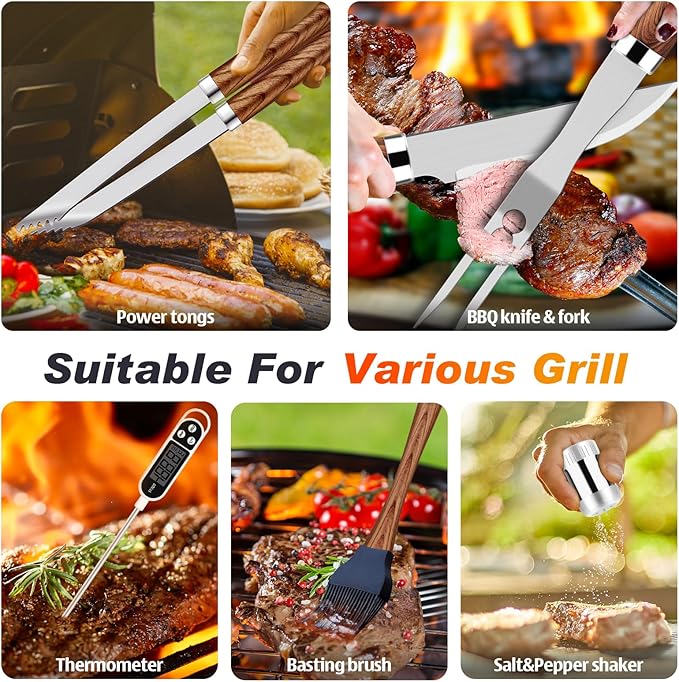 ROMANTICIST 30pcs BBQ Grill Tool Set for Men Dad, Heavy Duty Stainless Steel Grill Utensils Set, Non-Slip Grilling Accessories Kit with Thermometer, Mats in Aluminum Case for Fathers Day Black