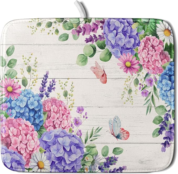 Hydrangea Floral Dish Drying Mat 16x18 inch Spring Summer Decorative Fast Dry