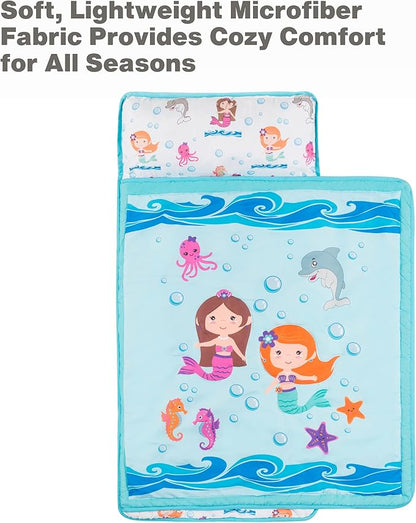 EVERYDAY KIDS Toddler Nap Mat with Removable Pillow -Underwater Mermaids- Carry Handle with Fastening Straps Closure, Rollup Design, Soft Microfiber for Preschool, Daycare Sleeping Bag, Ages 2-6 years