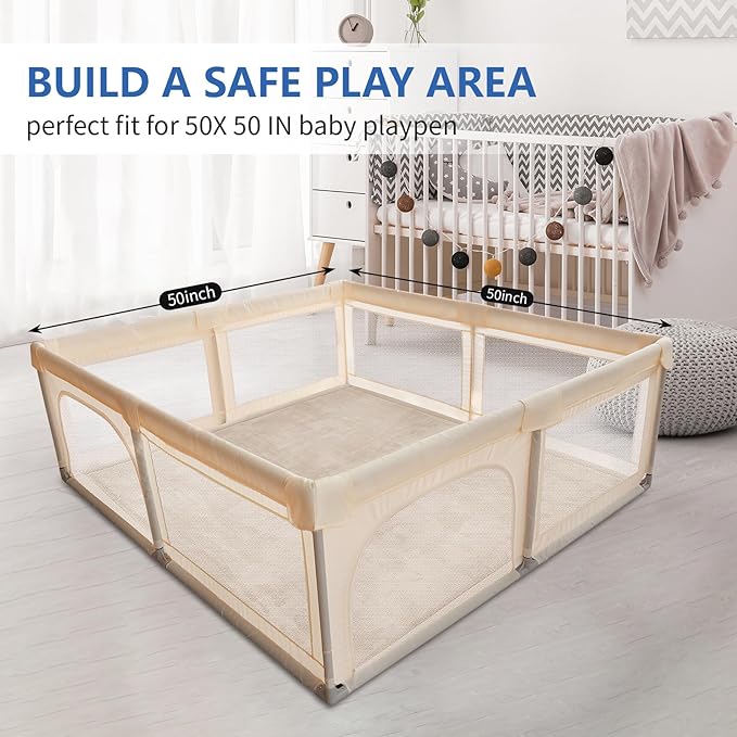 Baby Play Mat for Floor, 1.3" Thick Elasti-Foam 50x50 Playpen Mat for Toddlers Infant kids,Water-Repellent Soft Coral Velvet for Tummy Time, Non-Slip Backing for Crawling,Tatami Style(Beige)
